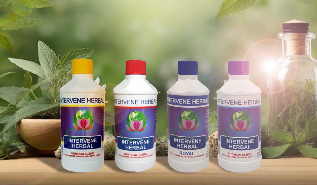 Intervene Herbal product lineup featuring Premium, Premium Supreme Blend, Regular, and Royal blends. Natural supplements for holistic well-being with Quantum Angstrom Technology.