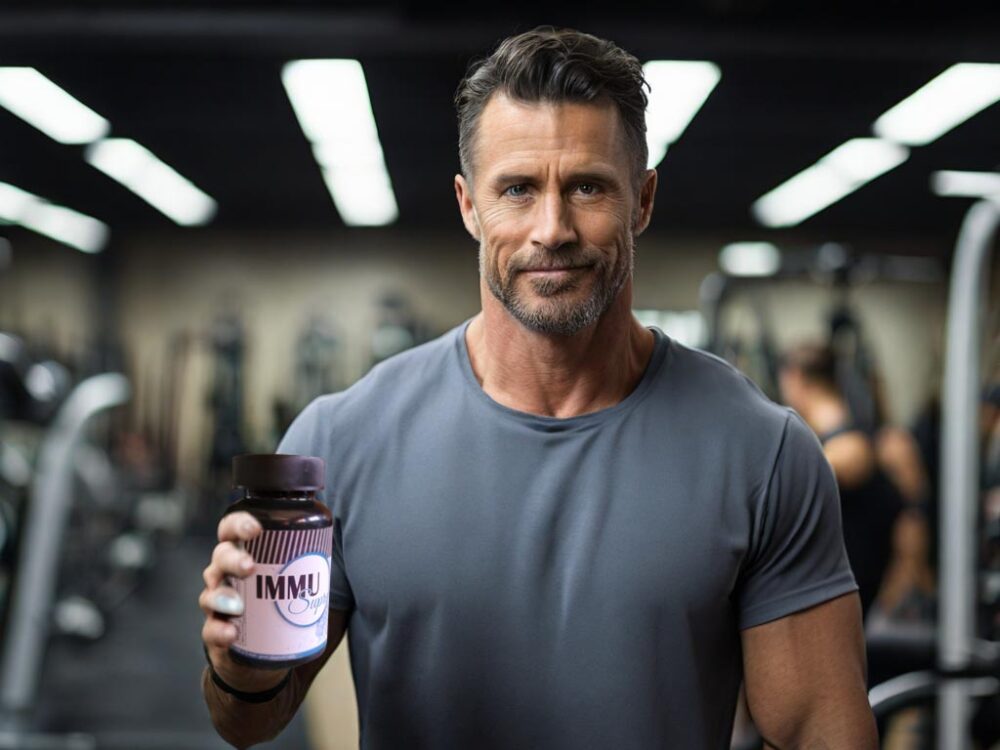 A person in fitness attire holding a bottle of IMMUSupreme, highlighting its potential benefits for physical performance and overall health