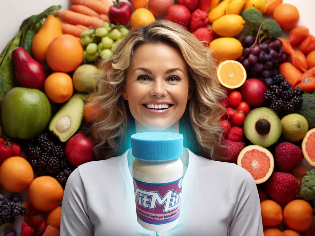 Smiling person surrounded by fruits, vegetables, and VitMin supplements, embodying vitality and wellness.