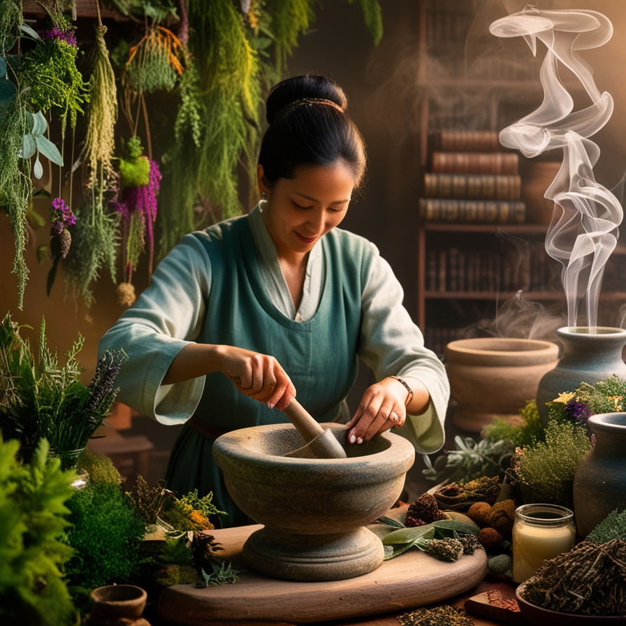 Traditional herbalist preparing natural remedies with herbs