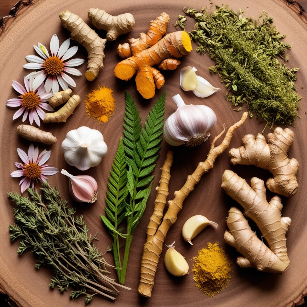 Herbs used in Intervene Herbal - Echinacea, turmeric, ginseng, garlic, and ginger