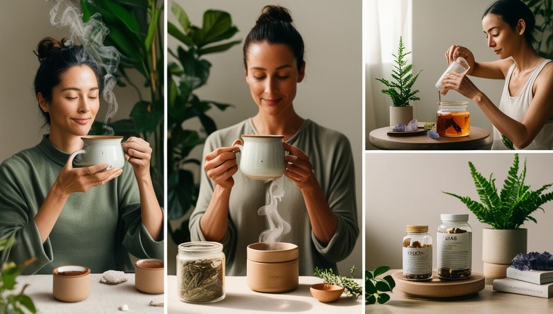 Woman enjoying a cup of herbal tea, part of holistic wellness routine