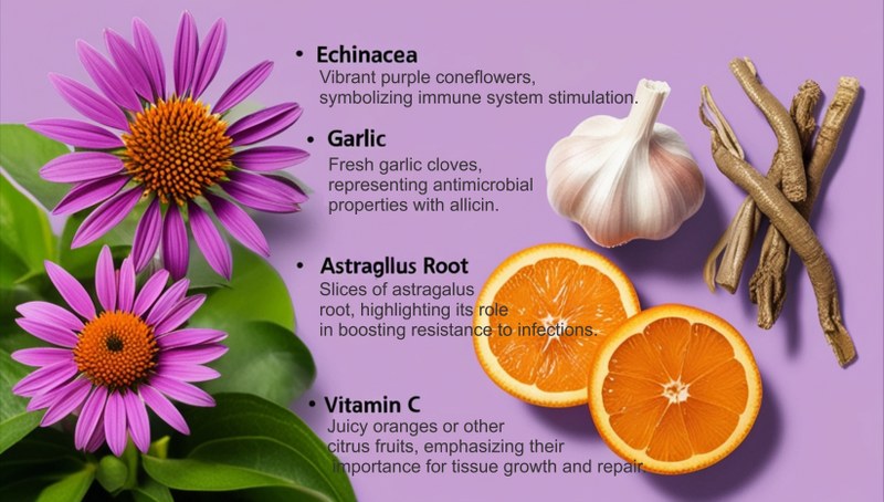 Beautifully arranged Echinacea flowers, garlic cloves, astragalus root slices, and citrus fruits rich in Vitamin C, showcasing their immune-boosting benefits.