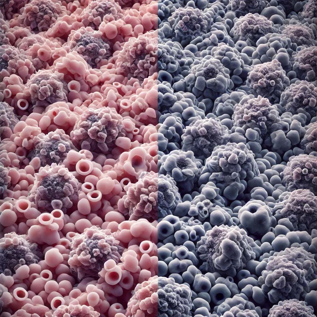 Close-up view of healthy and cancerous cells under a microscope