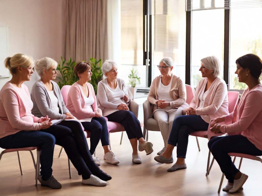 Cancer support group meeting to discuss symptoms and treatments