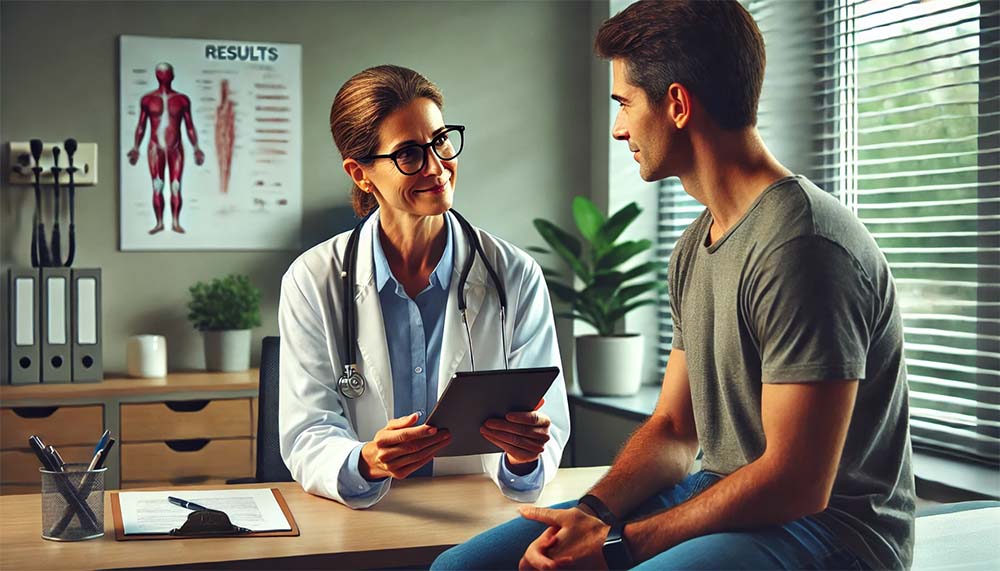 Doctor discussing cancer diagnosis with a patient.